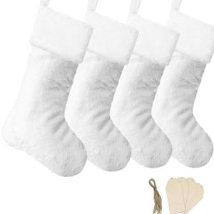 Christmas Stockings 4 Pack, 19 Inch White Faux Fur Family Christmas Stockings Set of 4, Holiday Xmas Farmhouse Fireplace Hanging Stocking Christmas Decorations