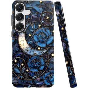 Case for Samsung Galaxy S25,Stained Glass Moon Mosaic Dark Academia Phone Case Military-Grade Drop Protection Cover for Women Girl - Glossy