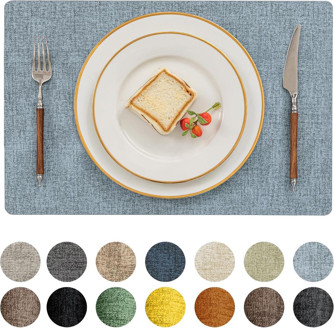 Romanstile Vinyl Placemats Set of 6-12 X 17 Inch - Faux Leather 100% Waterproof Oil-Proof Wipeable Place Mats, Heat Resistant Reversible PU Table Mats for Kitchen Dining Party Outdoor, Sky Blue