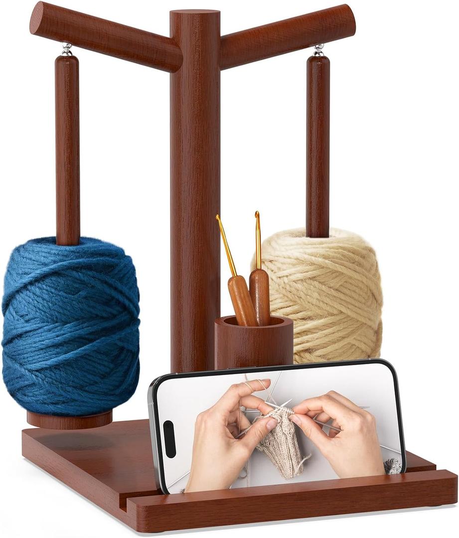HangerSpace Wooden Yarn Holder for Crocheting and Knitting, Upgraded Magnetic Rotating Yarn Spinner with 2 Spindles, Perfect for Crocheting and Knitting Lovers (Walnut)