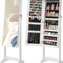 SONGMICS Jewelry Cabinet Armoire, Freestanding Lockable Storage Organizer Unit with 2 Plastic Cosmetic Storage, Full-Length Frameless Mirror, for Necklace Earring, White UJJC002W01