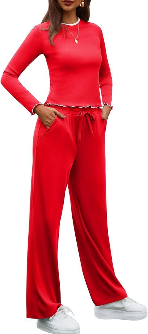 Gargenwed Women's Two-Piece Lounge Set, Long Sleeve Top and Wide Leg Pants with Pocket Casual Comfort Outfit (Red)