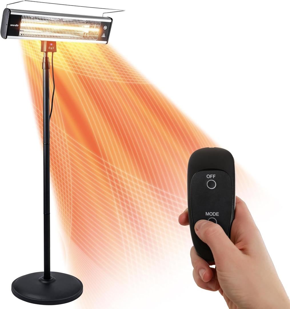 SereneLife Infrared Patio Heater, Electric Patio Heater for Indoor/Outdoor Use, Portable Stand Heater with Remote Control, 1500 W, for Restaurant, Patio, Backyard, Garage, Decks (Off Black)