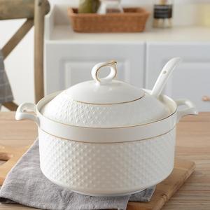 White Soup Tureen with Gold Design,Double Handle Soup Serving Bowl with Lid and Spoon Bone China Tableware,2.2L