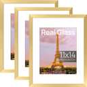 3 x Upsimples 11x14 Picture Frame Set of 3, Made of High Definition Glass for 8x10 with Mat or 11x14 Without Mat, Wall and Tabletop Display Photo Frames, Gold