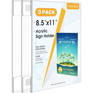 MaxGear 3 Pack Acrylic Sign Holder 8.5 x 11 Wall Mount Clear Plastic Sign Holder with Double Sided Tape, Plexiglass Document Flyer Acrylic Wall Frame for Office, Home, Store, Restaurant