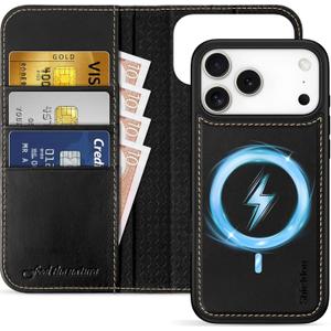 SHIELDON Removable Wallet Case for iPhone 17 Pro Max 6.9-inch 2025 | Genuine Leather | Folio Magnetic Cover | Wireless Charging | RFID Blocking Credit Card Holder | Kickstand | Solid Black