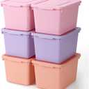 Potchen 6 Pack Cute Plastic Storage Bins with Lids Decorative Stackable Storage Boxes 9.8" 7.3" 5.7" Small Storing Totes for Organizing Craft Office Supplies (Pink, Purple, Orange)