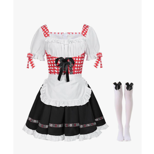 3 pieces Women's Oktoberfest Costume Dress German Bavarian Beer Plaid Maid Dirndl Dress Halloween Party Outfits, Size L