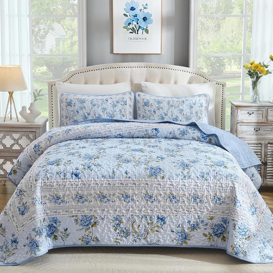 Xruibed Blue Quilt Set King Size, 3PCs Antique Rose Blue Bedspread Coverlet Set, Lightweight Soft Microfiber Floral Quilt Set with 2 Pillowcases for All Season (King Size 110"x90") | Breathable, Lightweight, Reversible