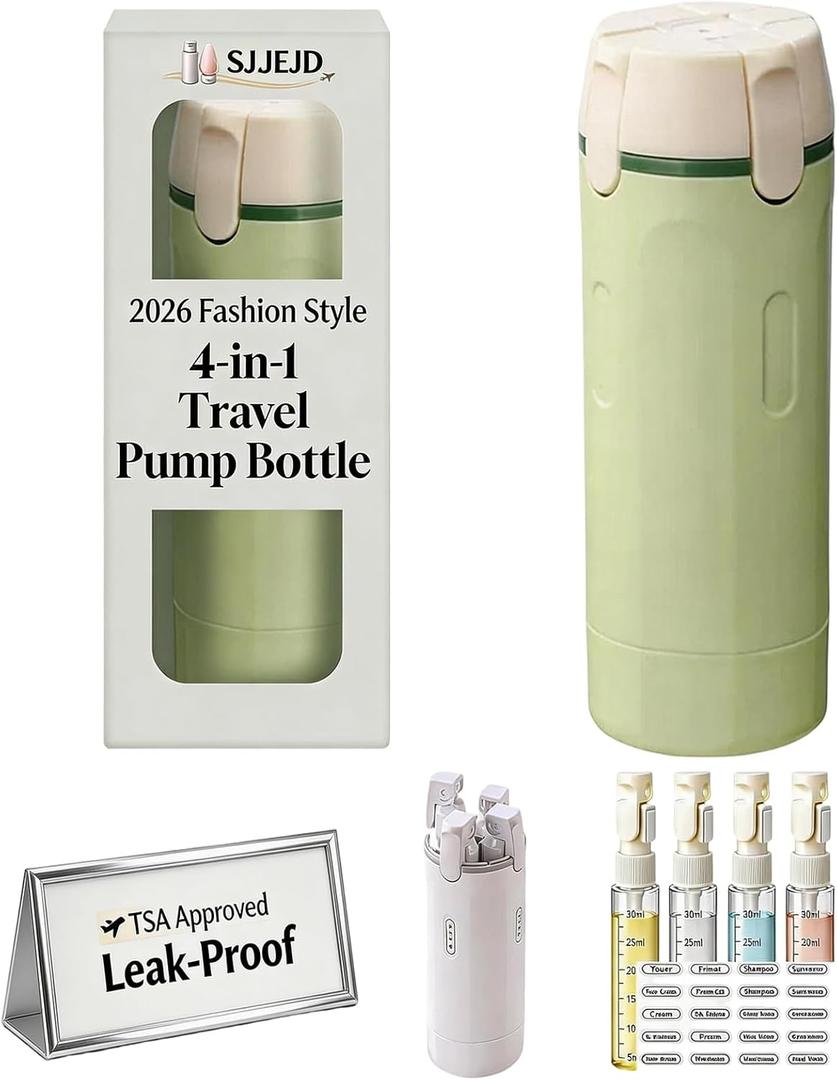 4 in 1 Travel Dispenser Bottle Set, Leakproof TSA Travel Size Containers for Toiletries, Portable Refillable Bottles, Hard Shell Rotating Design with Scale and Labels