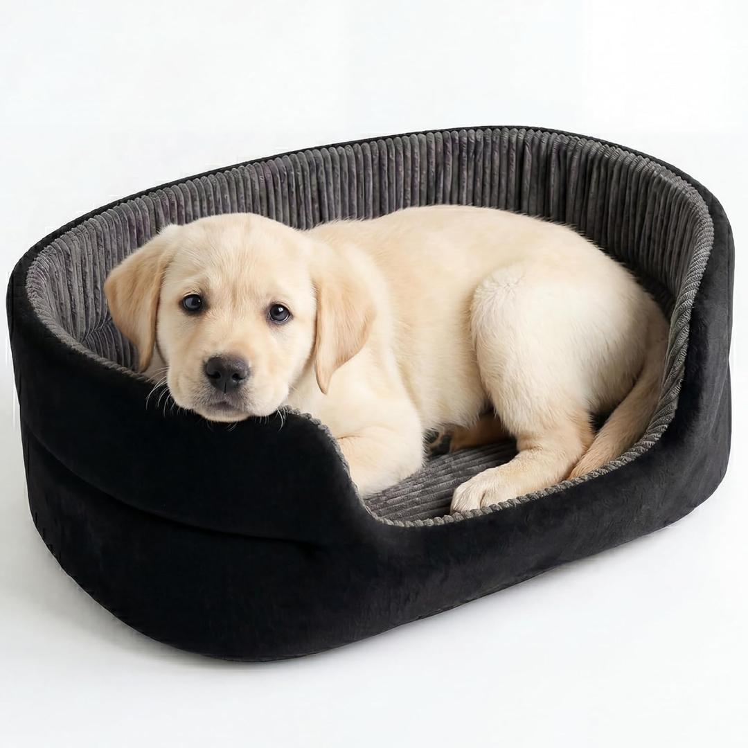 Small Dog Bed Cat Bed 16x20 Inch, Calming Pet Bed for Puppies, Teacup Dogs & Kittens, Half-Enclosed Open-Top Velvet Anti-Anxiety Bed, Machine Washable Cozy Snuggle Bed (Black)