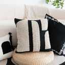 Black Cream Boho Chunky Tufted Pillow Cover, Neutral Decorative Square Throw Pillow Case, Geometric Woven Modern Sham for Bed Couch Living Room, 18x18 inches, 1PCS