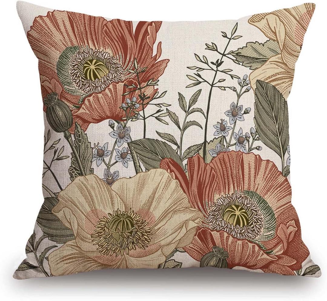 TSSOHU Vintage Flowers Pillow Cover Rustic Cotton Linen Decorative Square Throw Pillow Cover 18x18 Inch for Sofa Couch Decoration (Tss30)