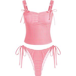ZAFUL Women's Gingham Ruched Bowknot Decor Cinched Back Tankini Set Tummy Control 2 Piece Bikini Swimsuits (Medium, Red)