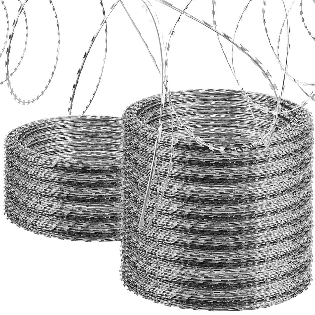 656FT Razor Wire Fencing, Galvanized Steel Wire Razor Ribbon Barbed Concertina Wire, 82 Feet per Roll 8 Pcs