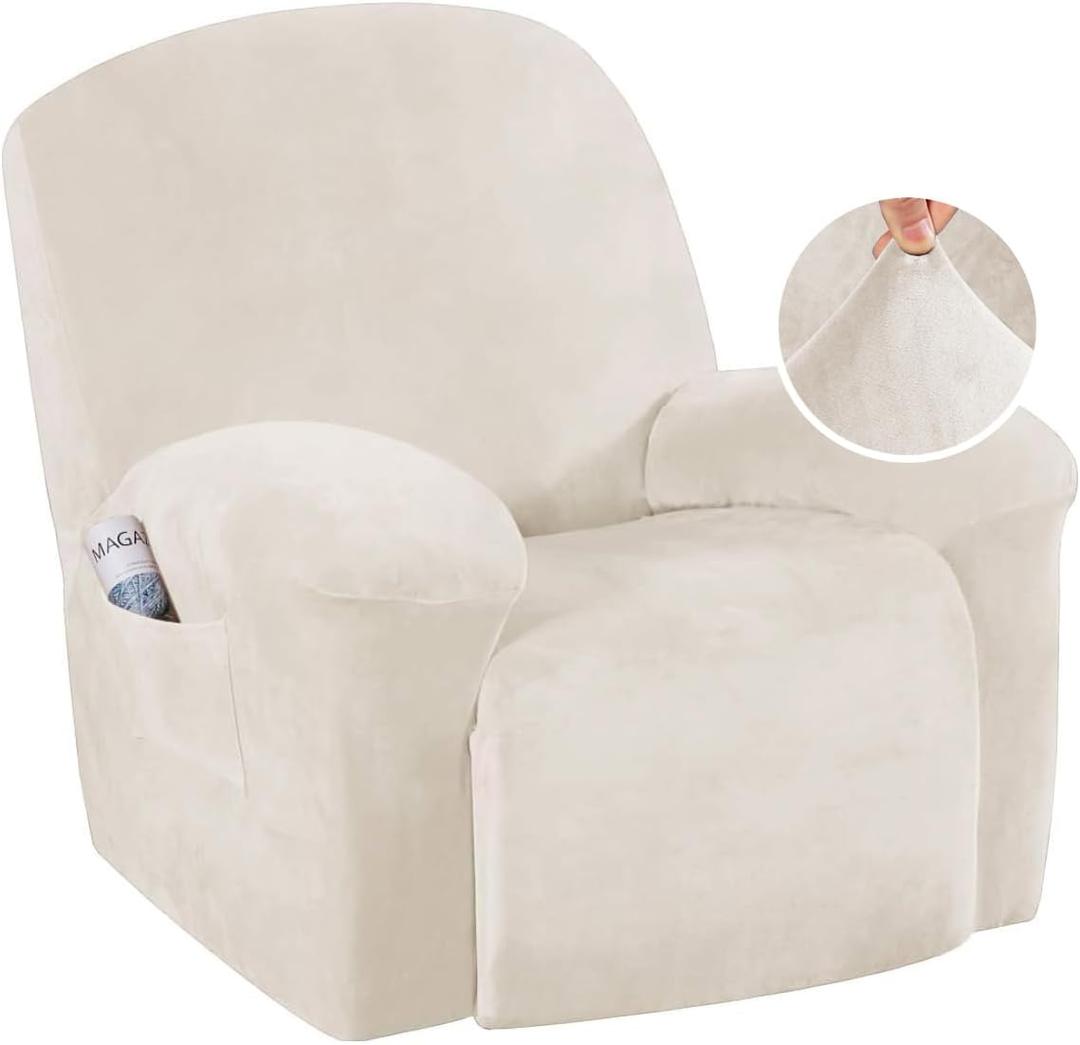 H.VERSAILTEX Recliner Chair Covers Velvet Recliner Cover 1 Piece Slip Covers for Sofas/Couches Washable Reclining Chair/Furniture Protector for Kids, Pets(Recliner, Ivory)