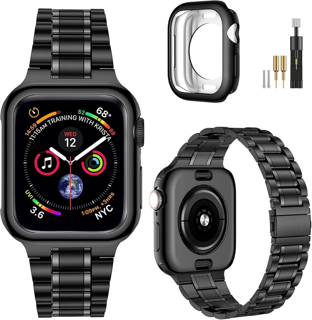 MioHHR Solid Stainless Steel Band Compatible with Apple Watch 46mm (Series 11 10), Metal Strap with Soft TPU Case for iWatch Series 11/10 46mm Women and Men, Black