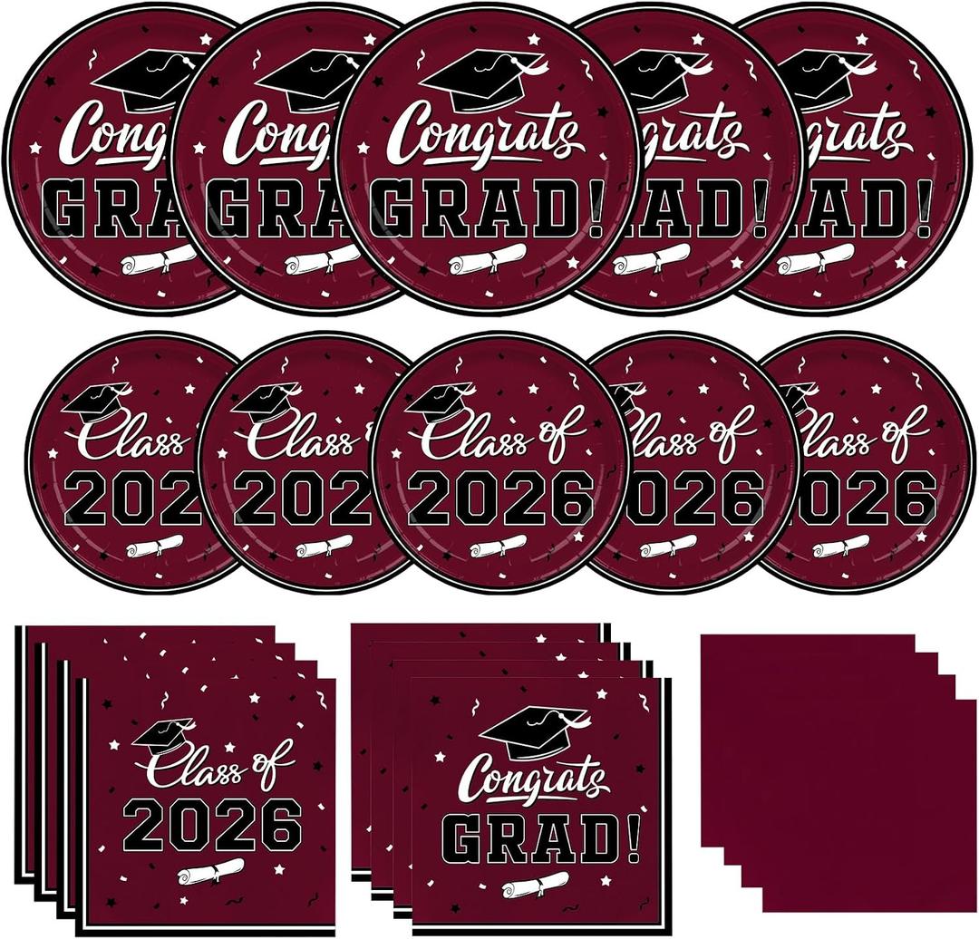 Gatherfun Graduation decorations 2026 Graduation Party Supplies Maroon Disposable Paper Plates Luncheon Napkins Cocktail Napkins for Congrats Grad Party Decorations, Serve 50