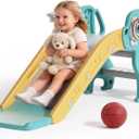 BIERUM 4 in 1 Toddler Slide, Kids Slide for Indoor Outdoor Playground, Slides with Basketball Hoop & Ring Toss, Puppy Shaped Playset for Toddlers Age 1-3, Green Yellow