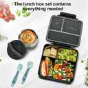 Bento Lunch Box Set for Kids with 8oz Soup Thermo, Leak-Proof Lunch Containers with 4 Compartment, Kids Thermo Hot Food Jar and Insulated Lunch Bag for Kid to School-Black