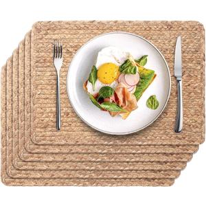 Woven Placemats Set of 6, 17" x 12" Rattan Table Mats, Natural Water Hyacinth Chargers for Dinner Plates, Wicker Placemats for Dining Table, Home, Wedding