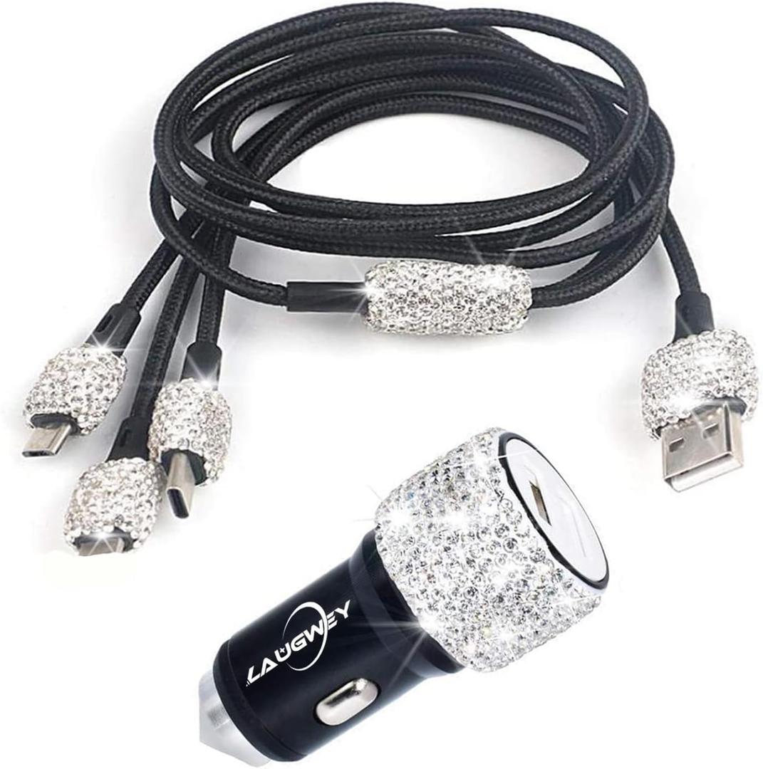 Bling Car Charger Accessories Set,Rhinestone Dual USB Car Chargers + Bling 3 in1 Nylon Braided Charging Cable,Bling Crystal Decoration Car Accessories Kits for Girl and Women (Silver)