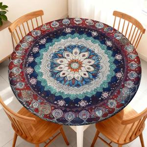 Round Fitted Tablecloth with Elastic Edge Design Table Cover Waterproof Stain-Resistant Wipeable Tablecloth Fits 61"-65" Round Tables for Camping, Picnic, Dining, Outdoor