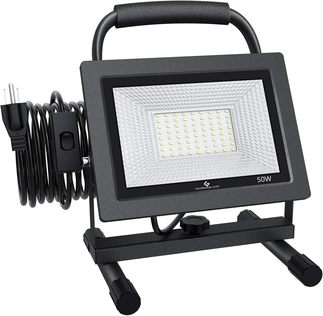 GLORIOUS-LITE 50W LED Work Light, 5000LM LED Flood Lights, 400W Equivalent, IP66 Waterproof, 16ft 5m Cord with Plug, 6500K, Adjustable Working Lights for Workshop Garage, Construction Site (8.22*6.02*7.09inch)