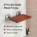 Folding Shower Seat - Teak Shower Seat Wall Mounted - 16 Inch Floating Fold Down in Shower Bench - Fold Up Bathroom Stool - Foldable Teak Wood Chair with Stainless Steel Wall Mount - 330lb Capacity