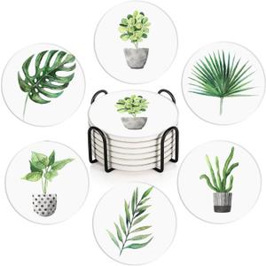 Britimes Set of 6 Coasters for Drinks Absorbent Green Leaves with Cork Base, Metal Holder, Round Stone Drink Mat for Coffee Wood Table, Gift for Birthday, Farmhouse Housewarming Room Bar Decor