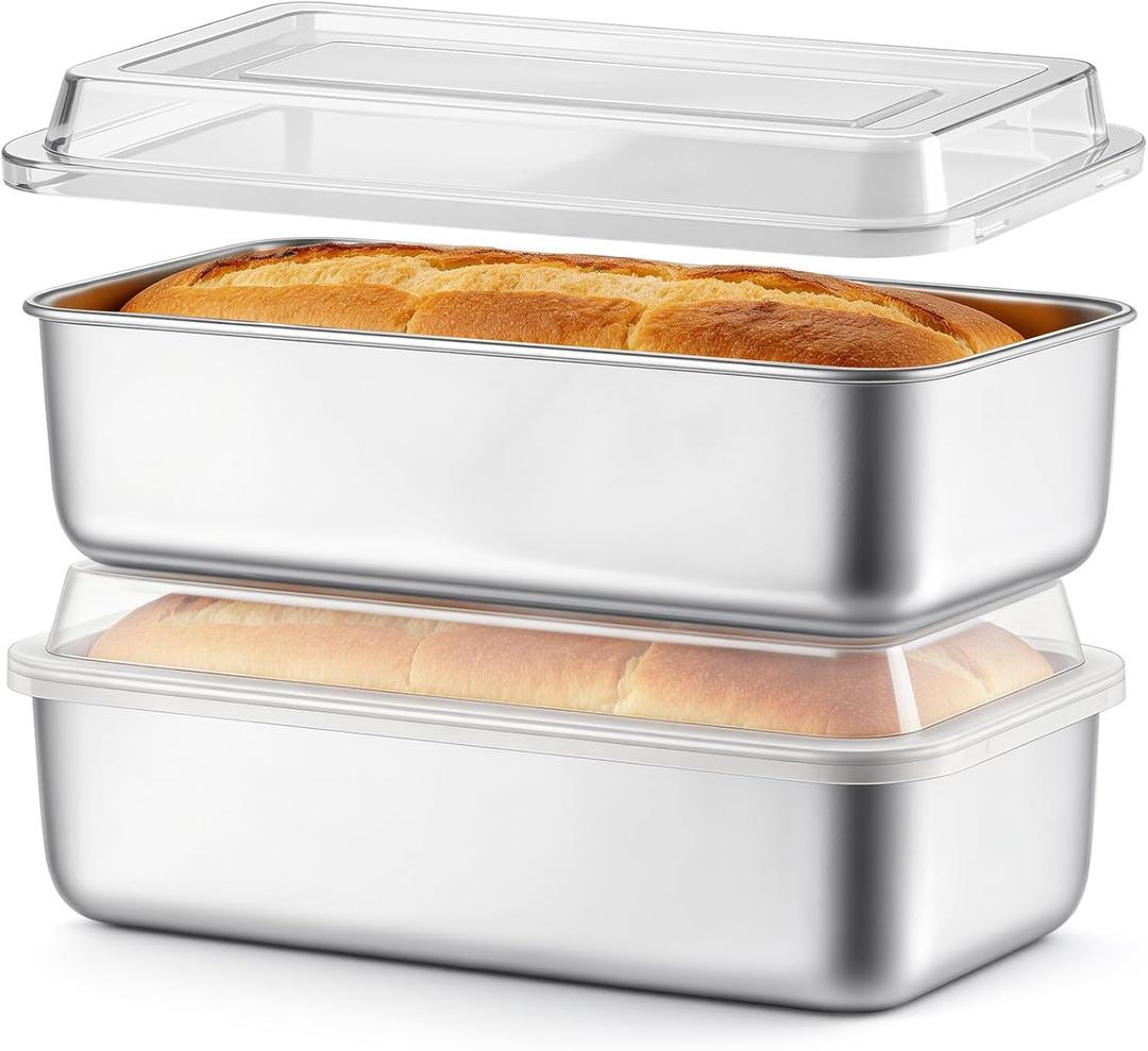TeamFar Loaf Pans for Baking Bread, 9 x 5 Inch Stainless Steel Bread Loaf Pan with Lid, Meatloaf Pan Tin for Homemade Bread, Brownies, Meal Prep, Storage, Healthy & Dishwasher Safe - Set of 2, 9 x 5 x 2.5 inch