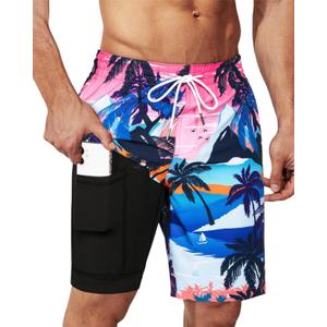 SURF CUZ 9" Mens Swim Trunks with Compression Liner Bathing Suits 2 in 1 Stretch Zipper Pockets Quick Dry