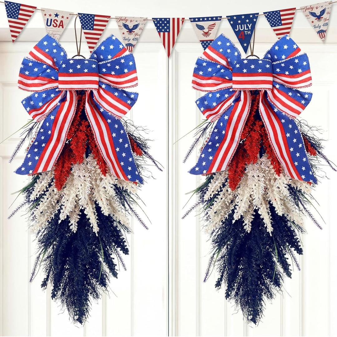 Dingion 2 Pack 20 Inch Patriotic Wreath for Front Door 4th of July Red White and Blue Wreath with American Flag Bow Memorial Day Teardrop Swag Decor for Porch Wall Independence Veterans Day
