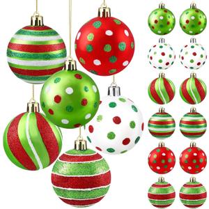 DIYDEC 18pcs Christmas Balls Ornament 2.4 Inch Glittering Hanging Xmas Balls for Tree Decoration Swirl Candy Cane Elf Balls Red Green Plastic Christmas Baubles for Home Indoor Holiday Party Decor (6cm)