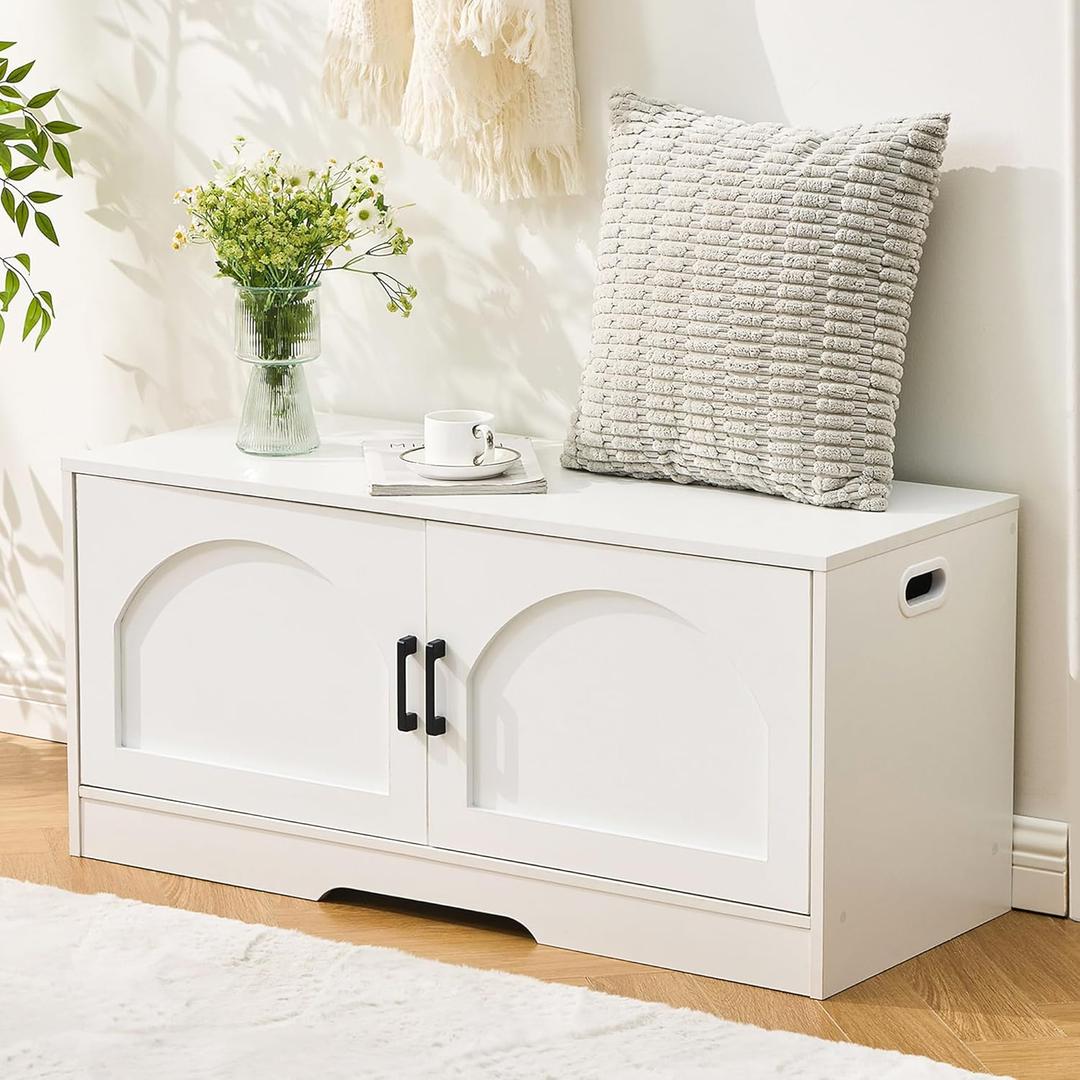 Storage Bench, 39.4" Shoe Bench with Storage, 2 Tier Entryway Bench with 2 Doors, Adjustable Shelf, 39.4" W x 15.8" D x 18.1" H, Holds up to 330lbs for Entryway Living Room Bedroom Hallway, White