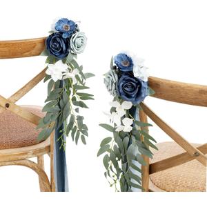 Ling's Moment 8pcs Wedding Artificial Aisle Pew Flowers Chair Decorations Arrangements with Chiffon Ribbons Dusty Blue & Navy for Ceremony Chair Back Floral Decor Reception Church Party Outdoor