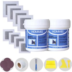 Drywall Repair Kit,Drywall Hole Patch Repair Kit to Fix Wall Surface Holes and Creak Damage with White Repair Putty 17OZ,8PCS Aluminum Repair Patchs,Scraper,Sanding Pad Fill Quick and Easy Solution (19-in-1 SET (2 Cans of Spackle))