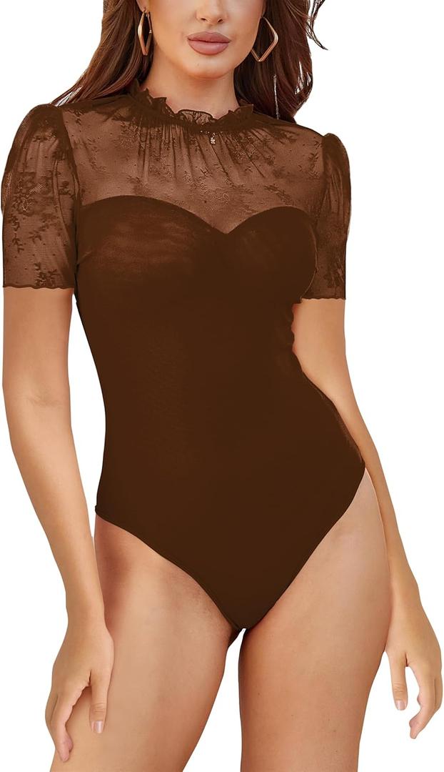 SEBOWEL Women Sexy Floral Lace Mesh Bodysuit Short Sleeve Sheer See Through Mesh Bodysuit Tops Going Out Tops Romper Clubwear, Brown, M