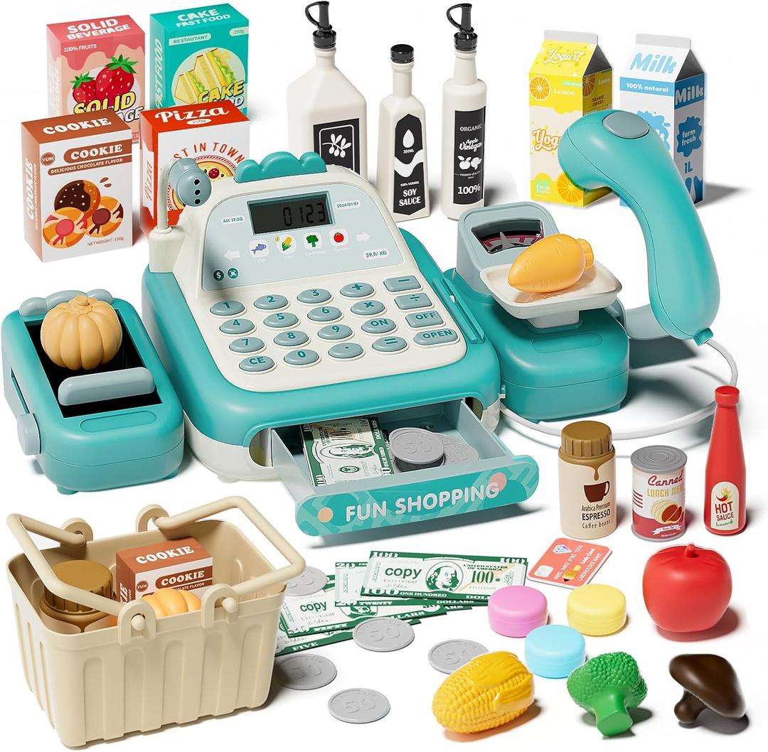 49Pcs Cash Register Toy Set for Kids, Pretend Play Grocery Store Cashier Playset with Conveyor Belt, Scanner, Weighing Scale, Calculator & Microphone, Toys Gift for Toddlers Ages 3-8 (Green)