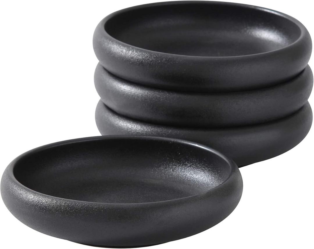 Uaral Japanese Salad Plate, Black Plates and Bowls Set, Stoneware Black Plate Set, Appetizer Plates Set of 4,5.5 inch,14 oz(Texture Matte)