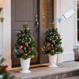 2 Pack 31in Porch Christmas Tree with Remote, 40 Lights Warm & Multicolor | Remote controlled urn filler tree, White PVC & PET branches, Outdoor pathway decorations, Pre-lit artificial porch decor
