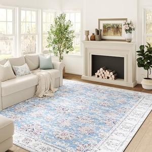 jinchan Washable Area Rug 6x9 Low Pile - Living Room Blue Floral Print Stain Resistant Large Area Rug - Indoor Distressed Boho Carpet Ultra-Thin Non-Slip Bedroom Dining Room Office Farmhouse