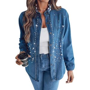 CHICME Womens Pearl Rhinestone Embellished Denim Shirt Long Sleeve Button Down Turn Down Collar Casual Jean, M
