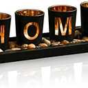 MrMrKura Home Decorative Candle Holder Set, 4 Glass Tea Light Candleholders with Wooden Candle Holders Tray, Natural Pebbles for Home Decor Table Decorations Centerpiece