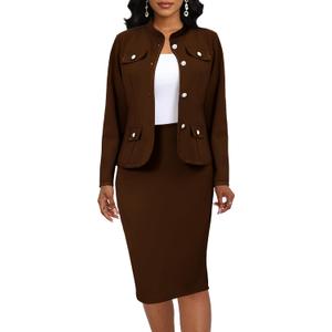 Coffee Two Piece Skirt Sets for Women Business Elegant Blazer and Skirt Dress Suits Party Evening (Brown, X-Large)