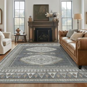 Washable Rugs 9X12 Area Rugs for Living Room, Thin Indoor Chenille Low Pile Rug for Bedroom Rug, Vintage Boho Lightweight Carpet for Dining Room Kitchen Office Floor, Gray/Beige