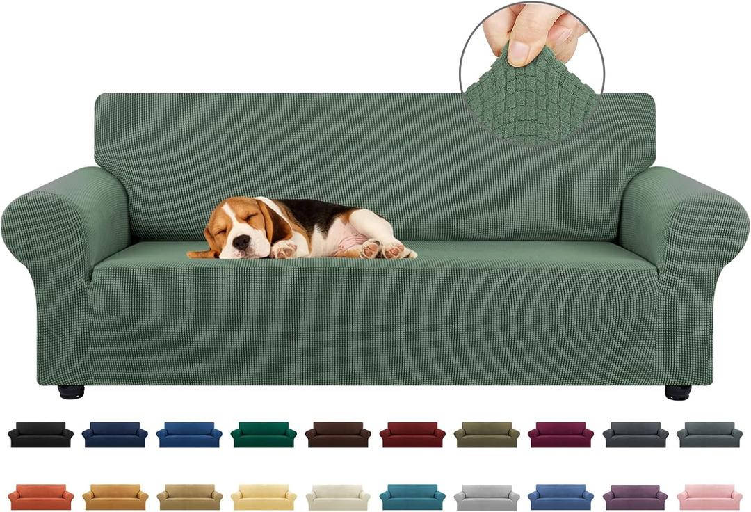 KEKUOU Stretch Sofa Cover Slipcover 1 Piece Couch Sofa Cover (79"-94") Furniture Protector 3 Seater Sofa with Elastic Bottom for Kids, Pet.Jacquard Small Checked Pattern Fabric(Large, Greyish Green)