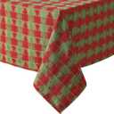 Home Bargains Plus Evergreen Tree Plaid Fabric Tablecloth, 52 x 70 Inch Rectangle, Red and Green Holiday Check with Tree Pattern, Cotton Blend Christmas Table Cover for Festive Dining