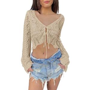Saodimallsu Womens Crochet Crop Tops Tie Front Bell Long Sleeve Cardigan V Neck Lightweight Knit Shrug Sweaters, M